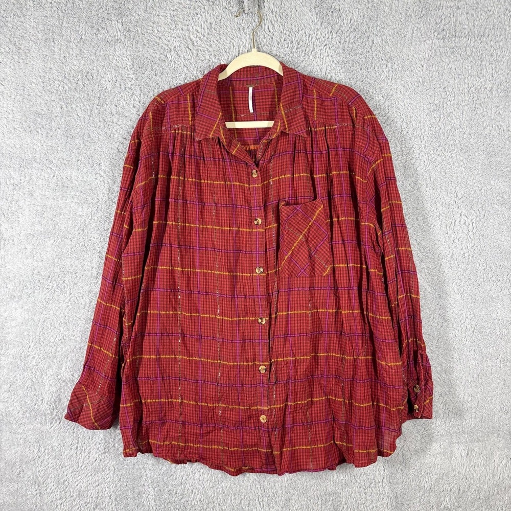 Free People Break My Stride Button Down Top Size L Red Plaid Metallic Stripe - Picture 2 of 8